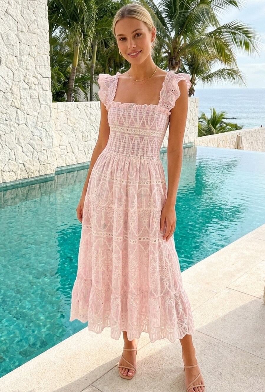 Rosie Posie Pink Smocked Midi Dress Small Romantic Cottagecore